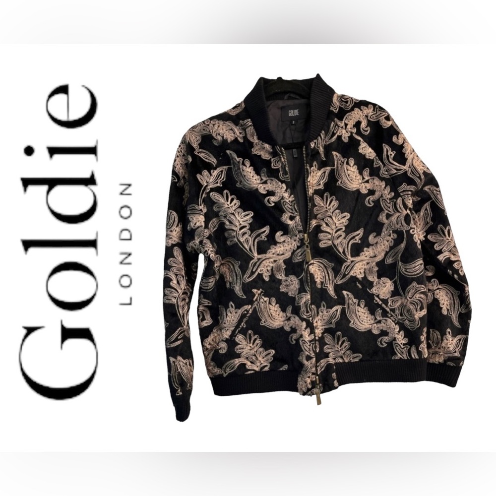 Goldie London Embroidered Faux Fur Bomber Jacket SIZE: S
